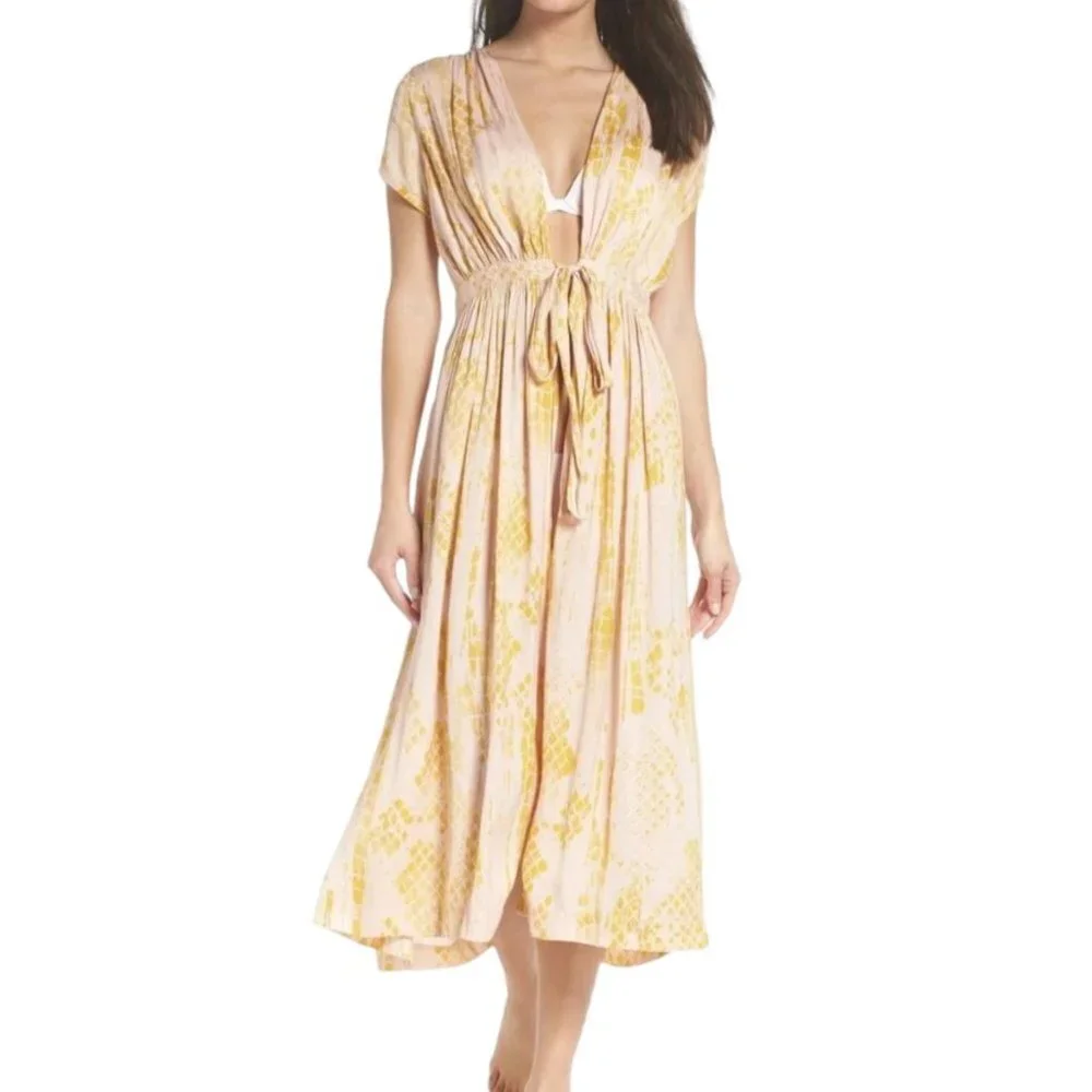 Free People Satin Kimono Duster Robe Top Womens Large Pink Long - Picture 13 of 13